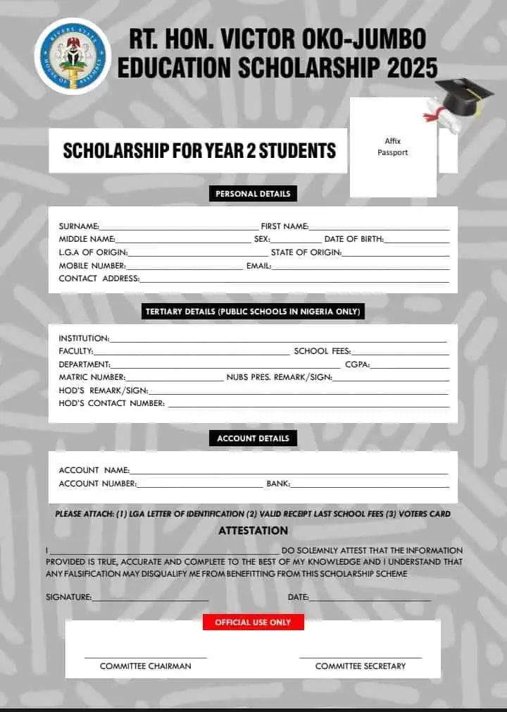 Rt. Hon. Victor Oko-Jumbo Education Scholarship Form 2025
